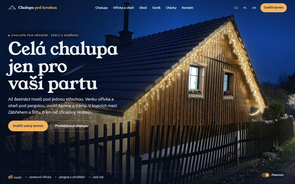 Úvodní obrazovka návrhu webu Chalupa pod hradem